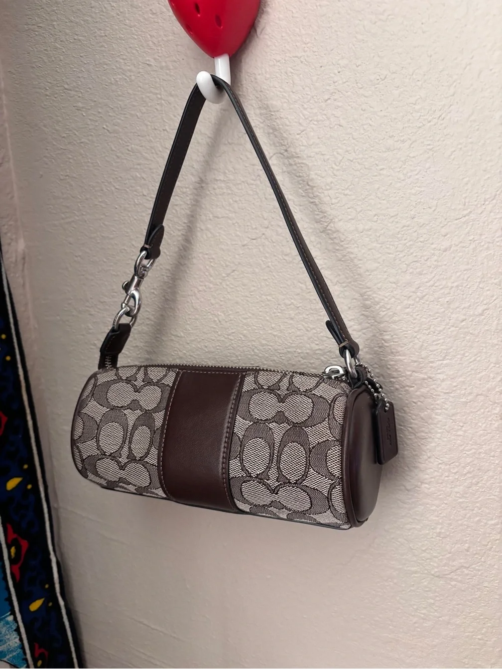 Coach Mini Barrel Bag in Brown Signature Canvas with Dark Brown Trim